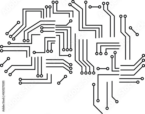 The image shows a black and white abstract pattern resembling a circuit board with lines and circular connectors.
