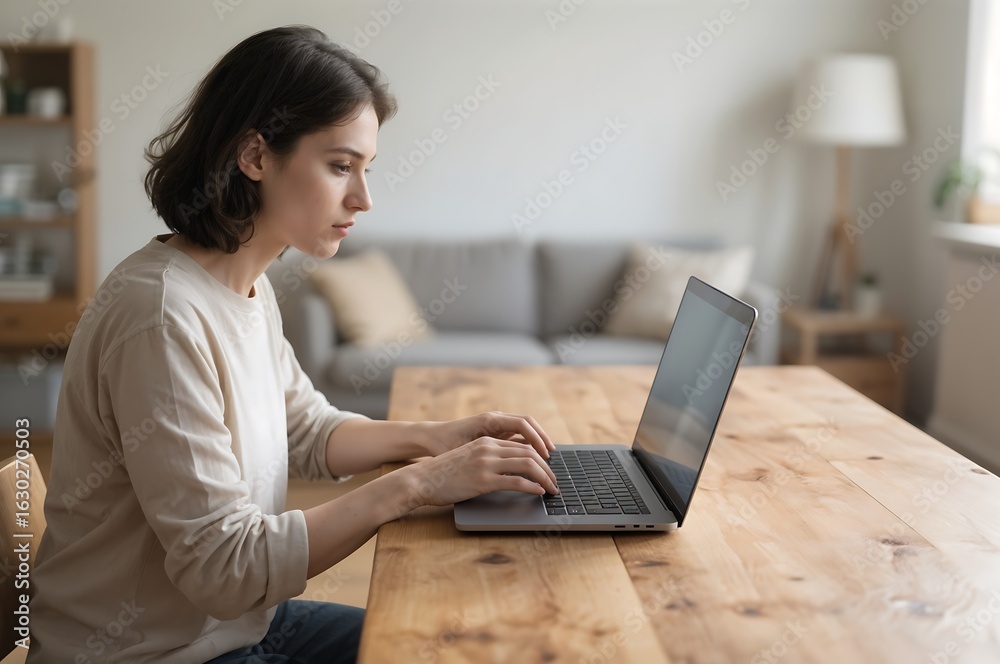 Fototapeta premium Concentrated Young Woman Typing on Laptop at Wooden Table Indoors