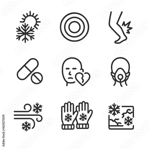 Numbness Triggers Icons. Outline icon set of numbness triggers: cold exposure, shock wave, injury, medication, emotional trauma,