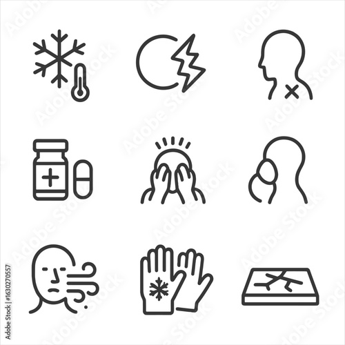 Numbness Triggers Icons. Outline icon set of numbness triggers: cold exposure, shock wave, injury, medication, emotional trauma,