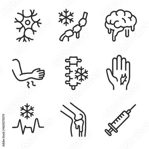 Numbness Icon Set. Outline icon set of numbness in medical context: nerve cell, frozen nerve, brain freeze, numb limb, icy spinal