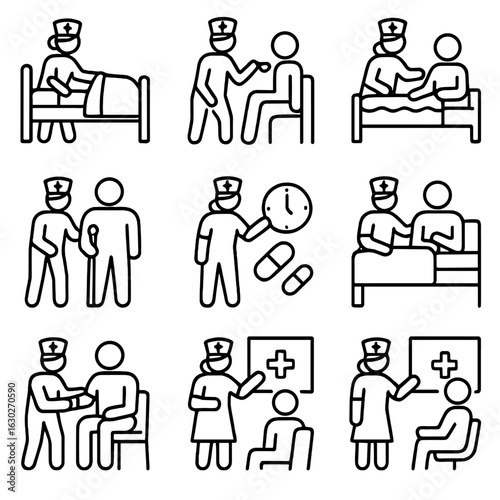 Nurse and Lab Icons. Outline icon set of nurse patient care: bed making, feeding, bathing, mobility assistance, medication