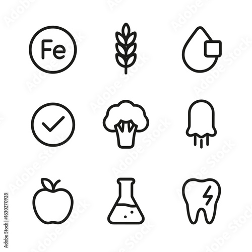 Nutrient Icon Set. Outline icon set of trace elements in nutrition: iron, zinc, copper, selenium, manganese, iodine, chromium,
