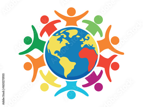 Art of colorful people holding hands around a globe, symbolizing global community, unity, and diversity