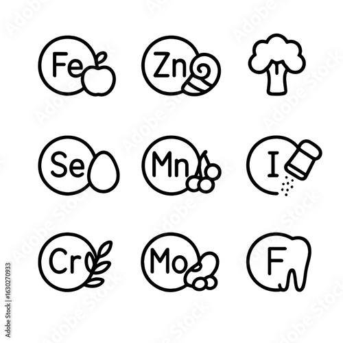 Nutrient Icon Set. Outline icon set of trace elements in nutrition: iron, zinc, copper, selenium, manganese, iodine, chromium,