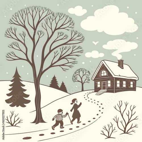 winter landscape with house hygge vibes, winter escape, winter cabin, frosty days, ski season, snow trails, knitted wear, festive lights, snow dust, cozy moments, snowy mountain, polar vibes, chilly b