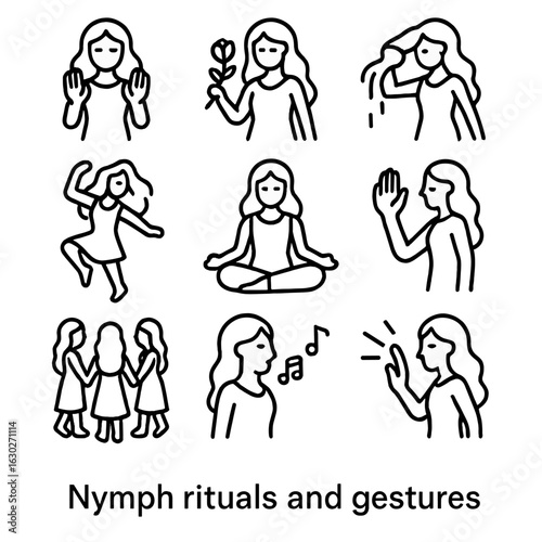 Nymph Icon Set. Outline icon set of nymph nature elements: leaf, flower, water drop, butterfly, dragonfly, acorn, mushroom, berry,