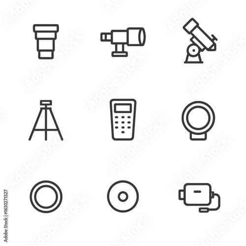 Observatory Tools Icons. Outline icon set of observatory tools: eyepiece, finder scope, equatorial mount, tripod stand, hand