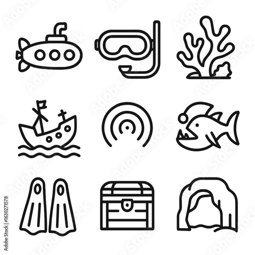 Ocean Exploration Icons. Outline icon set of ocean exploration: submarine, scuba mask, coral reef, shipwreck, sonar waves,