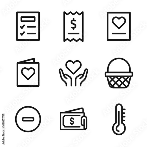 Offering Plate Icons. Outline icon set of offering plate related objects: collection list, donation receipt, pledge card, thank