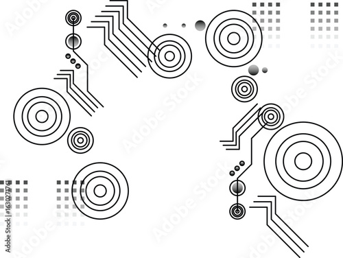 The image shows a black and white abstract design with circles, lines, and dot patterns resembling a futuristic circuit board.

