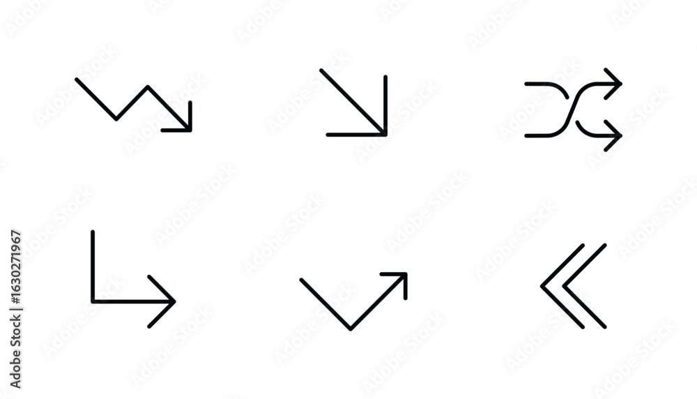 Fototapeta premium Simple Geometric Arrow Icon Collection – Handcrafted Thin Outline Arrows for Navigation, Directional Signs, Web UI, Mobile Apps, and Infographic Designs