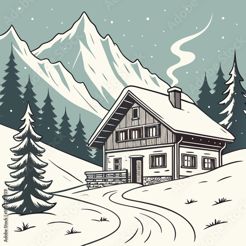 winter landscape with house hygge vibes, winter escape, winter cabin, frosty days, ski season, snow trails, knitted wear, festive lights, snow dust, cozy moments, snowy mountain, polar vibes, chilly b