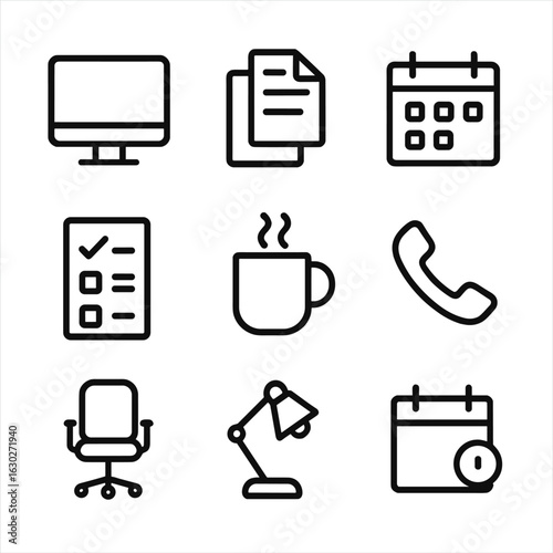 Office Essentials Icons. Outline icon set of yesterday’s work: computer, documents, calendar, checklist, coffee break, phone,