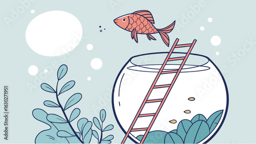 Illustration of a goldfish jumping out of a fishbowl with a ladder and plants on a light blue background