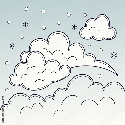 seamless pattern with clouds hygge vibes, winter escape, winter cabin, frosty days, ski season, snow trails, knitted wear, festive lights, snow dust, cozy moments, snowy mountain, polar vibes, chilly 
