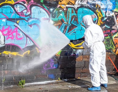 Graffiti Removal: A worker, clad in protective gear, meticulously tackles the task of removing vibrant graffiti from a brick wall, showcasing the dedication and effort required for urban renewal.