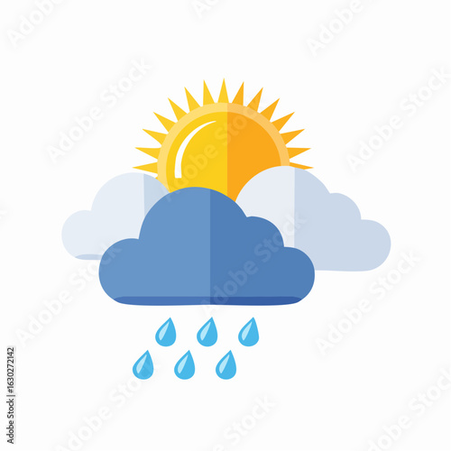 Weather forecast icon showing a sun shower with the sun behind rainy clouds. Flat vector illustration of a partly cloudy day.