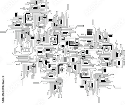 The image shows a complex abstract design featuring interconnected lines, squares, and circles in varying shades of gray and black.
