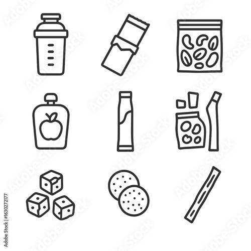 On-the-Go Snack Icons. Outline icon set of on-the-go snacks: protein shake, snack bar, nut mix, fruit pouch, yogurt tube, trail