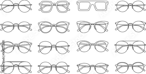 Modern eyeglass frames vector collection, stylish spectacle outline set, minimalist fashion glasses design, optical accessory illustrations for branding, print, web