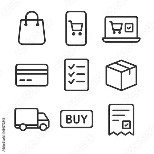 Online Shopping Icons. Outline icon set of online shopping: shopping bag icon, mobile cart, laptop checkout, credit card, shopping