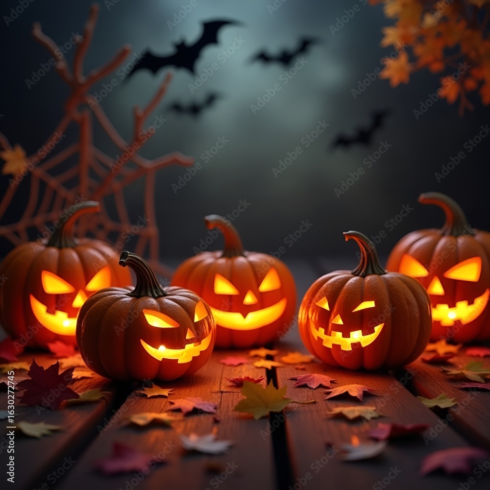 Fototapeta premium Halloween Pumpkins with Glowing Candlelight and Autumn Leaves Background