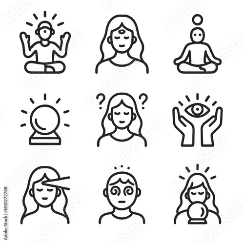 Oracle Emotions Icons. Outline icon set of oracle emotions and states: enlightenment, intuition, meditation, clarity, mystery,