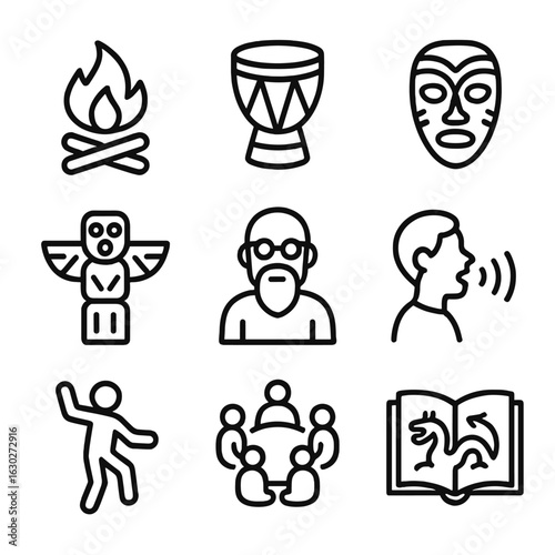 Oral Traditions Icons. Outline icon set of oral traditions: campfire, drum, mask, totem, elder, chant, dance, storytelling circle,