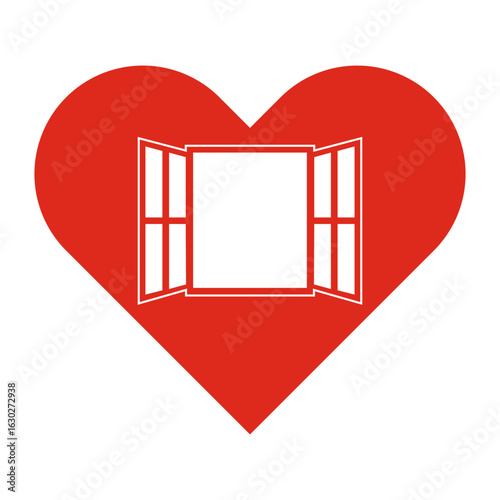 Heart with Open Window. Symbol of Hope and Connection. Vector Illustration. A large red heart with a stylized open window at its center.