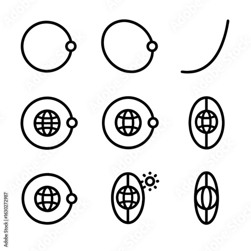 Orbit Path Icons. Outline icon set of orbit path shapes: circular orbit, elliptical orbit, parabolic trajectory, hyperbolic