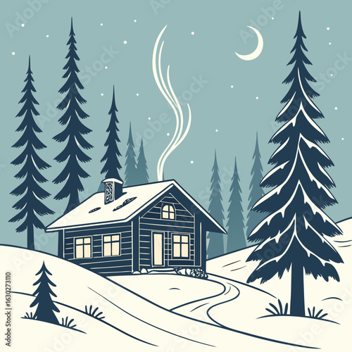winter landscape with house hygge vibes, winter escape, winter cabin, frosty days, ski season, snow trails, knitted wear, festive lights, snow dust, cozy moments, snowy mountain, polar vibes, chilly b