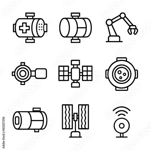 Orbital Science Icons. Outline icon set of orbital science modules: lab module, habitation unit, robotic arm, docking port, solar
