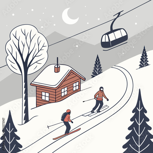 winter landscape with house hygge vibes, winter escape, winter cabin, frosty days, ski season, snow trails, knitted wear, festive lights, snow dust, cozy moments, snowy mountain, polar vibes, chilly b