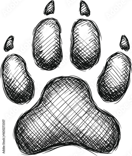 Single sketched dog paw print, hand drawn style, black and white ink illustration, animal footprint, pet symbol, textured vector icon