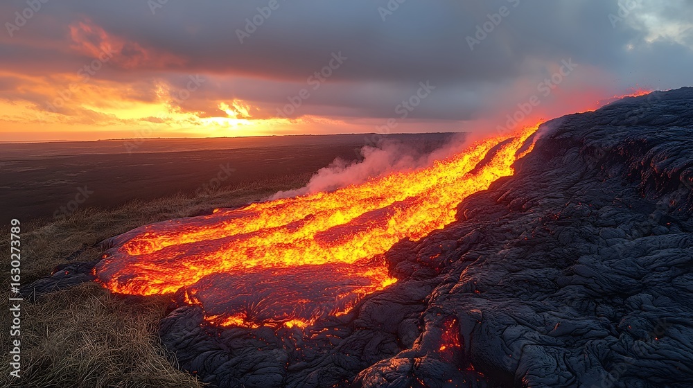 Fototapeta premium Dramatic lava flow at sunset, ideal Disaster Background. Fiery rivers of molten rock cascade down a dark slope under a vibrant sky. A powerful scene of earth's raw energy.