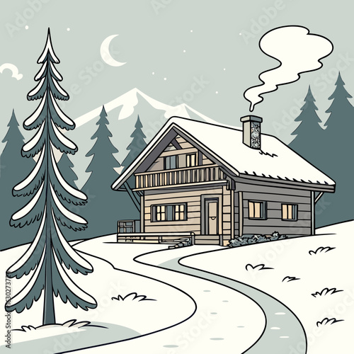 winter landscape with houses hygge vibes, winter escape, winter cabin, frosty days, ski season, snow trails, knitted wear, festive lights, snow dust, cozy moments, snowy mountain, polar vibes, chilly 
