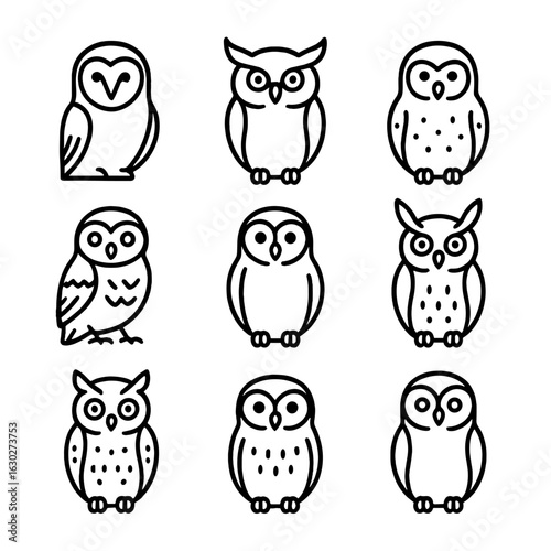 Owl Icon Grid. Outline icon set of owl species: barn owl, great horned owl, snowy owl, eagle owl, burrowing owl, tawny owl,