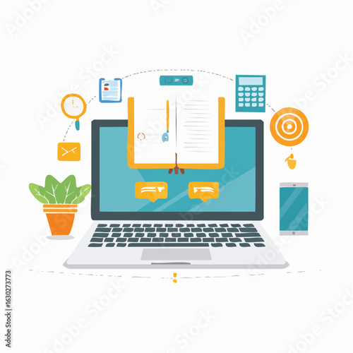 Online education and virtual graduation concept. E-learning illustration with a computer monitor, academic cap, and books.