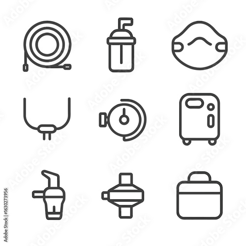 Oxygen Therapy Icons. Outline icon set of oxygen therapy accessories: oxygen tubing, humidifier bottle, mask strap, nasal prongs,