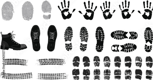 Vector collection of fingerprints, handprints, shoeprints, tire marks, and teeth impressions, forensic evidence silhouette icons for crime investigation