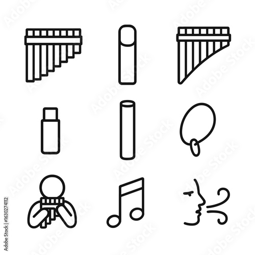 Pan Flute Icon Set. Outline icon set of pan flute instrument: flute pipe, mouthpiece outline, pan flute set, tuning cork, bamboo