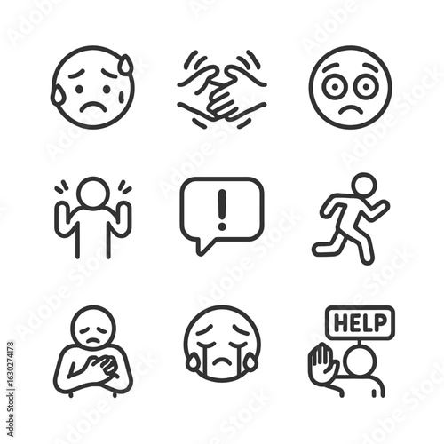 Panic Icons Set. Outline icon set of panic signs in others: sweating face, shaking hands, wide eyes, frantic gestures, speech