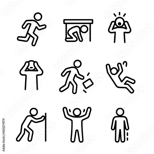 Panic Action Icons. Outline icon set of panic actions: running, hiding, shouting, clutching head, dropping objects, falling,