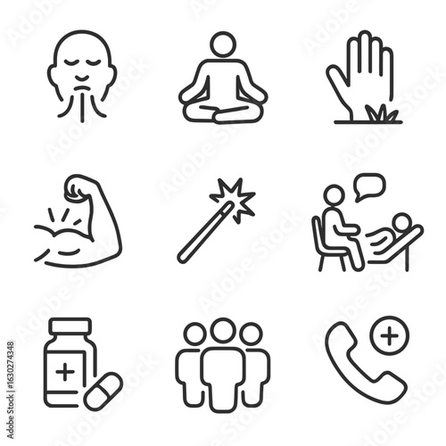 Panic Management Icons. Outline icon set of panic management techniques: deep breathing, meditation, grounding, muscle relaxation,