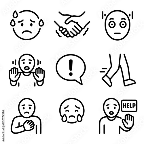 Panic Icons Set. Outline icon set of panic signs in others: sweating face, shaking hands, wide eyes, frantic gestures, speech