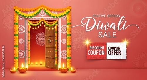 Diwali sale festive offers promotion with traditional indian decor and bright glowing diyas