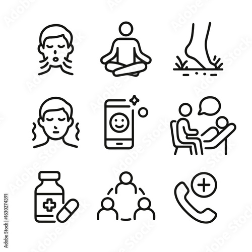 Panic Management Icons. Outline icon set of panic management techniques: deep breathing, meditation, grounding, muscle relaxation,