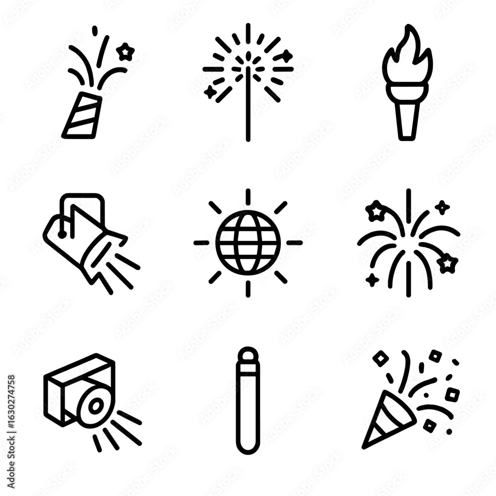 Naklejka premium Party Effects Icons. Outline icon set of party effects: pyrotechnic flare, handheld sparkler, torch flame, stage lighting flare,