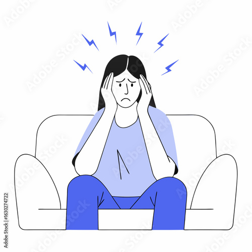 Illustration of woman experiencing headache, stress, anxiety, and mental health issues on couch